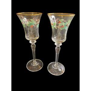 Vintage Mikasa Set of 2 Wine Glasses Holly Berry Ribbon Gold Trim